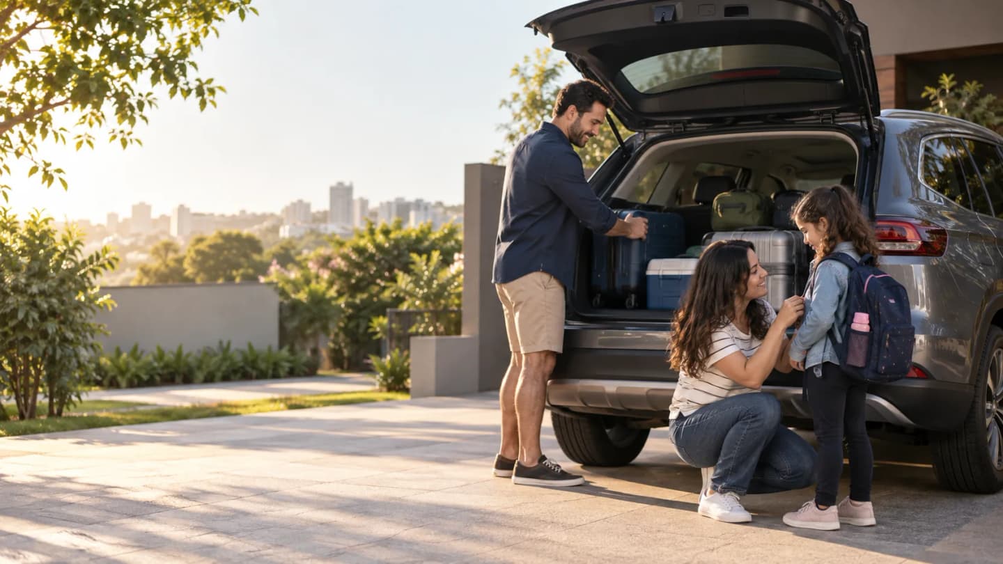 Família organizando as malas no carro antes de uma viagem
