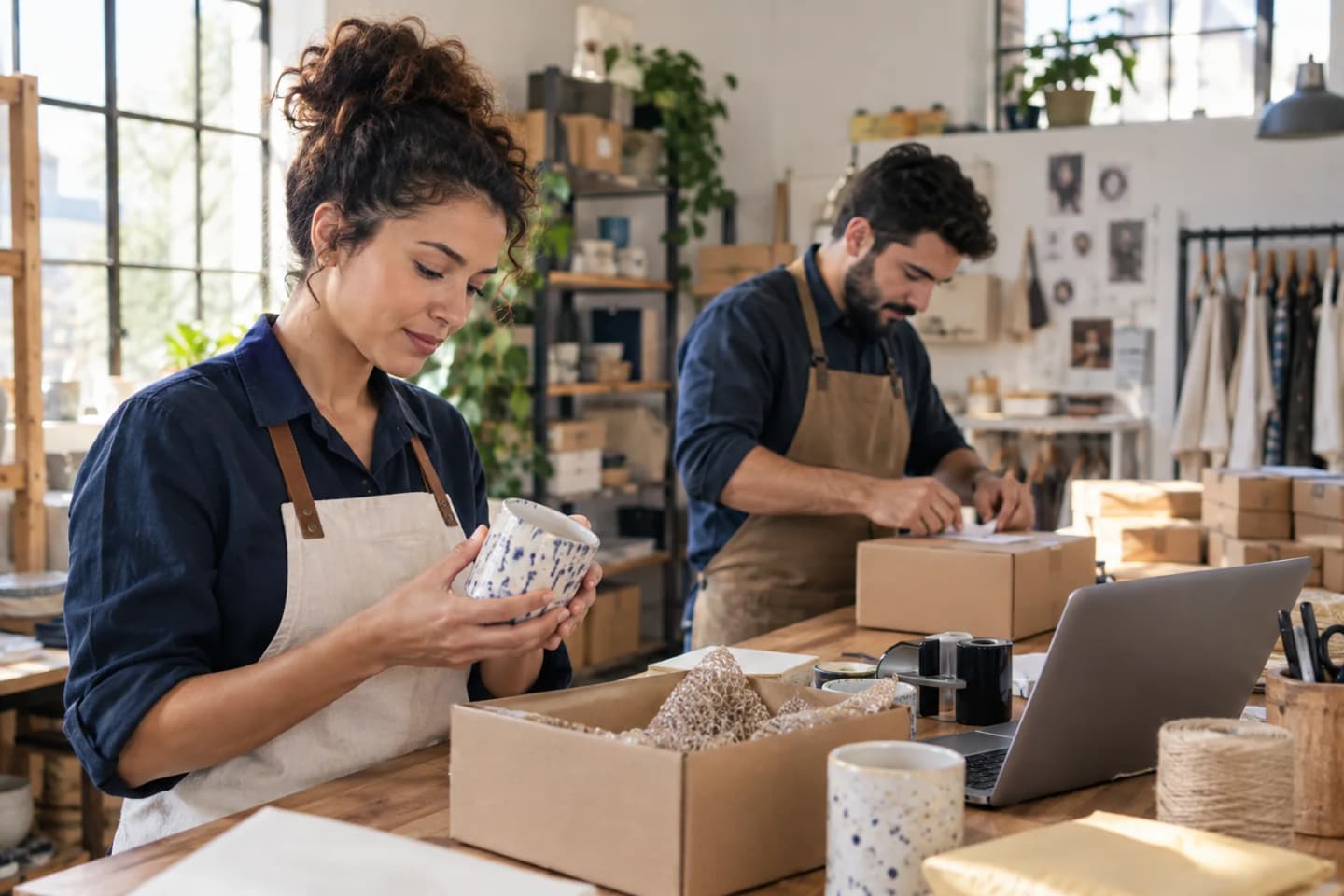 Empreendedores preparando produtos e pedidos em um pequeno negócio