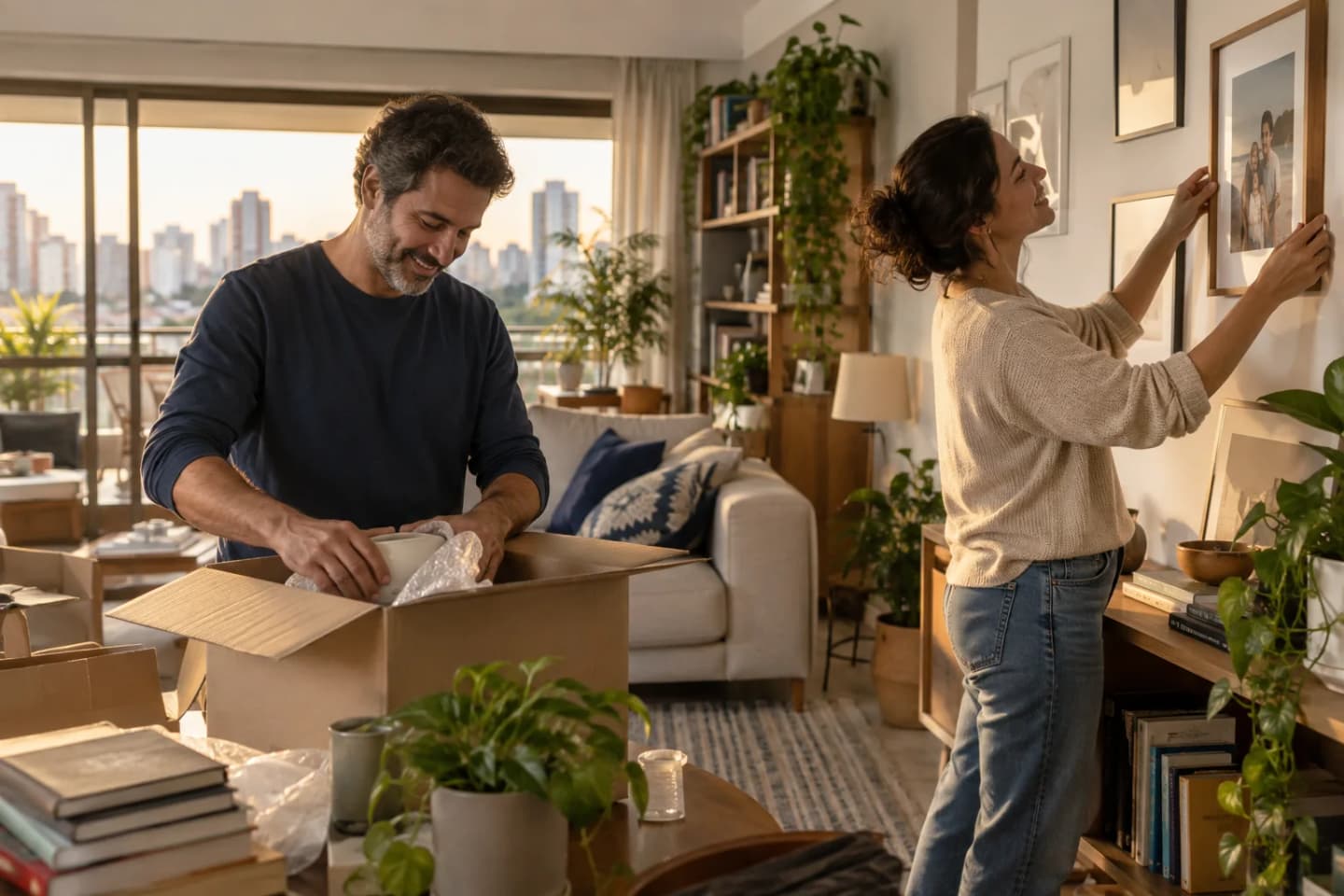 Casal organizando a casa e colocando uma fotografia da família na parede