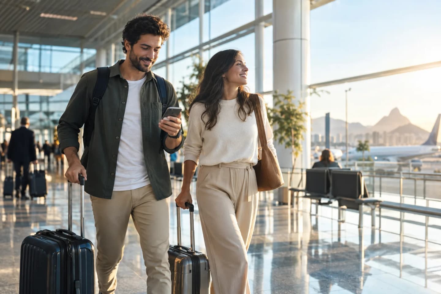 Casal seguindo para o embarque com malas em um aeroporto