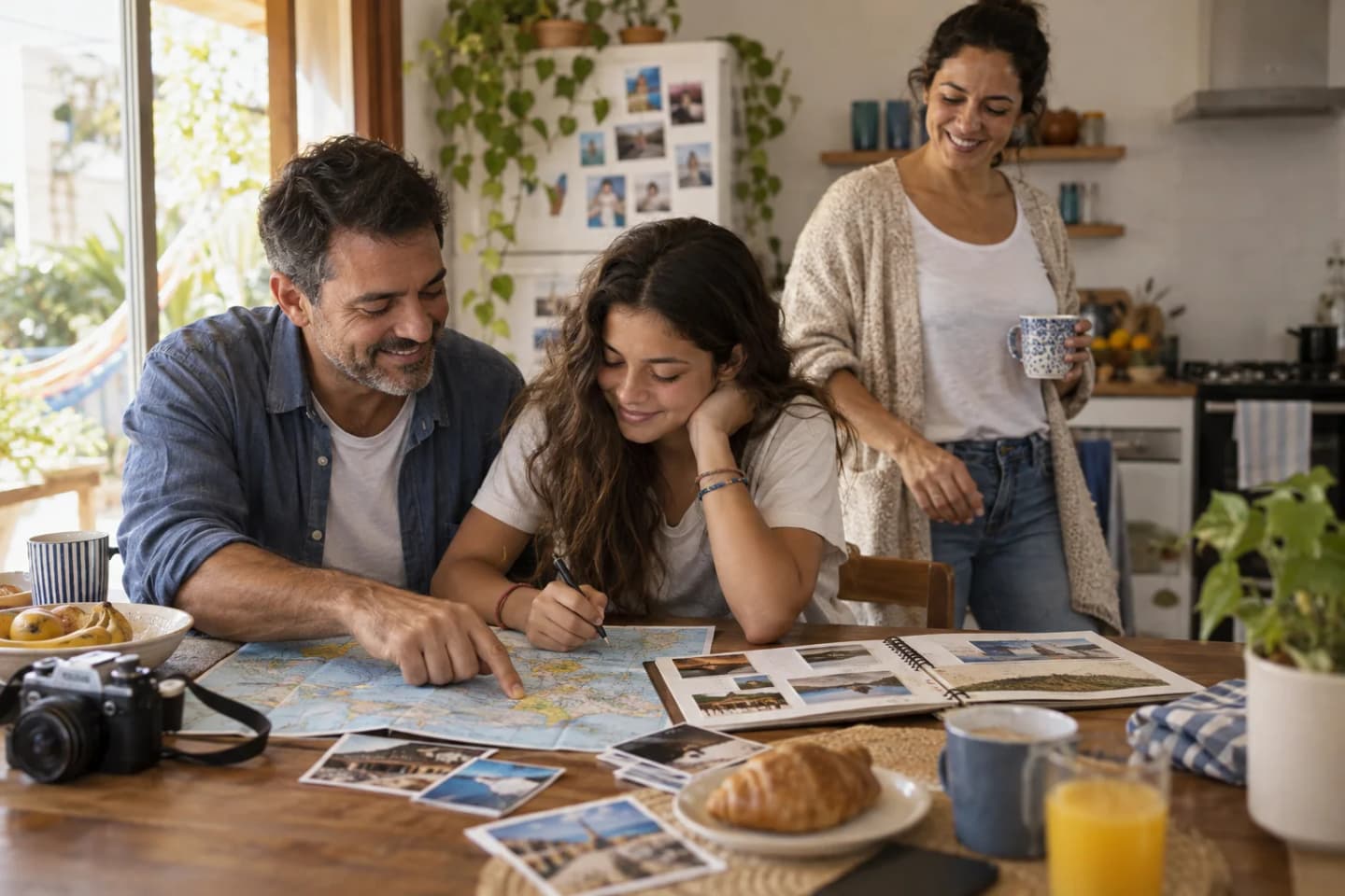 Família reunida à mesa organizando planos e futuras viagens